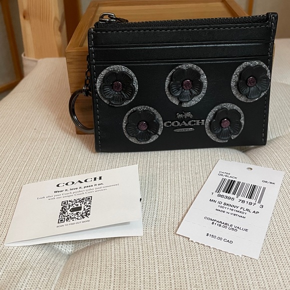 Coach Mini Skinny Id Case With Floral Applique Gunmetal/Black NWT - Picture 14 of 15